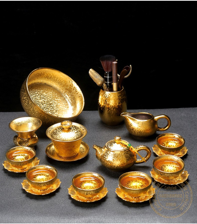 卡丝拉狄高端功夫茶具套装七彩建盏鎏金轻奢茶壶茶杯整套金盏陶瓷创意