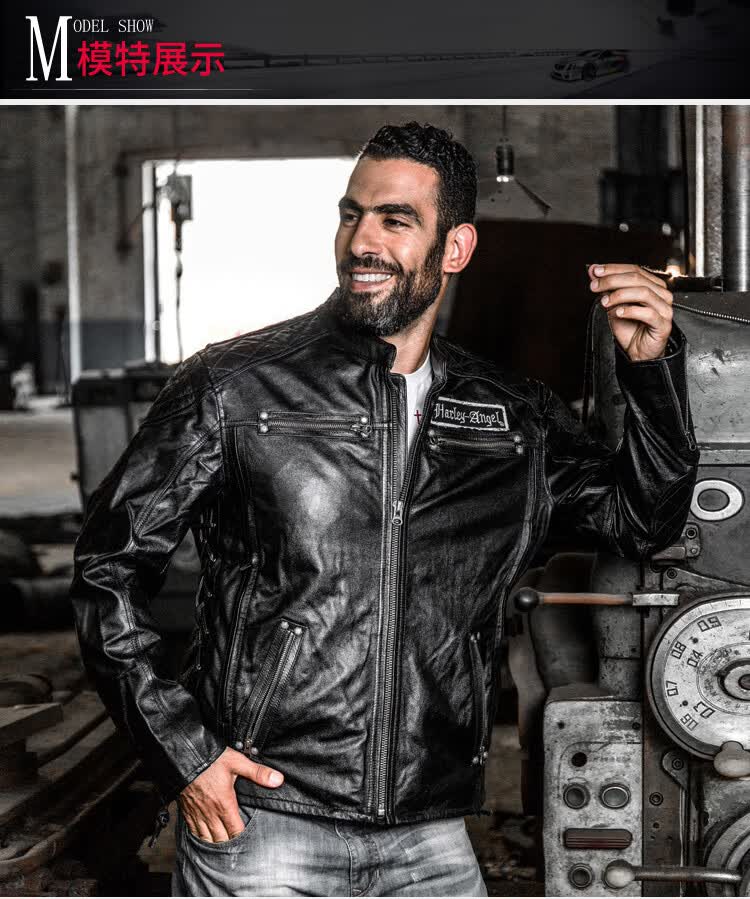 男士真皮哈雷机车皮衣 头层牛皮夹克 立领短款骷髅机车骑行服真皮外套