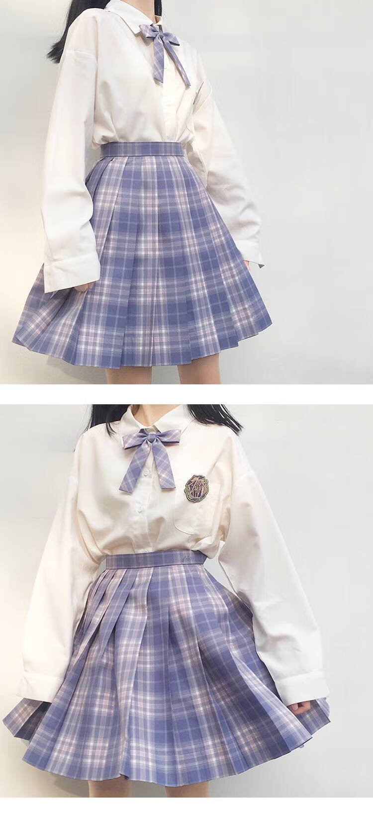 梗豆物语原创紫烟jk制服百褶裙淡紫色温柔格子裙a款紫烟格短裙l