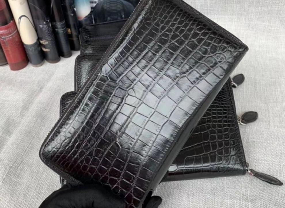 皮尔卡丹奢侈品无拼接鳄鱼皮手包真皮男士单拉链手拿包多卡位钱包男包