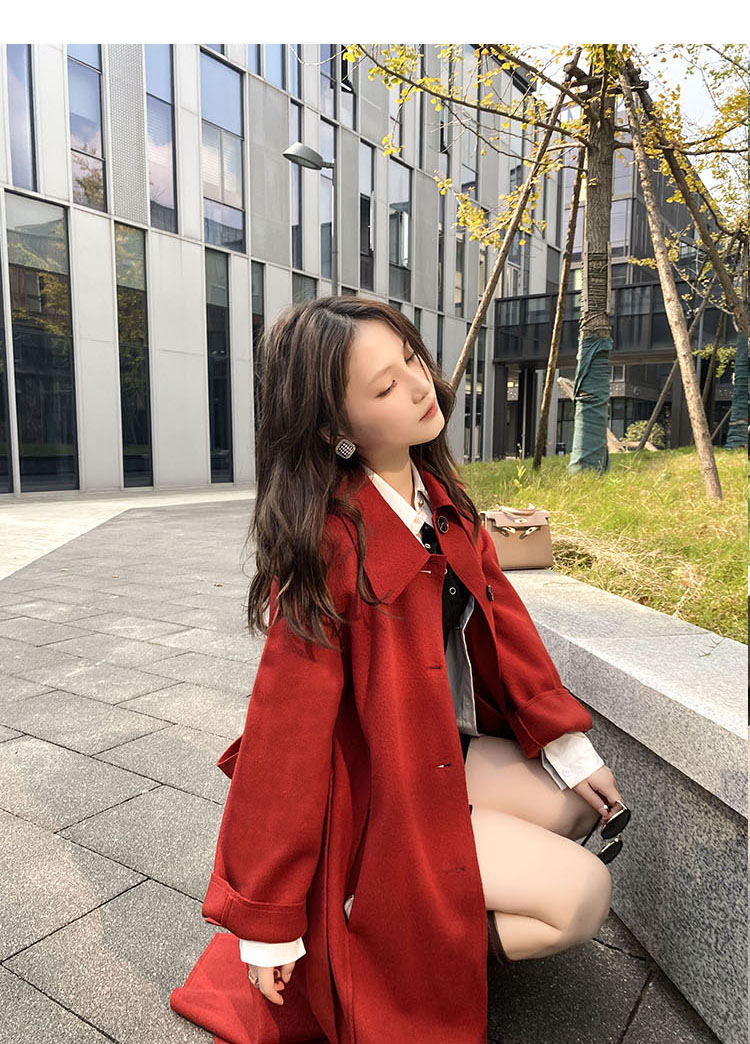 浙江嘉兴濮院羊绒大衣枫叶红色双面呢女结婚秋冬款韩版复古中长款毛呢