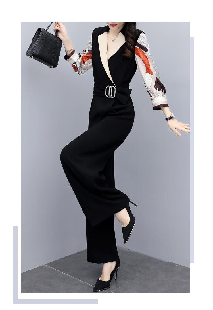 鸭鸭服饰2020新款女装春高腰雪纺连体裤阔腿裤女拼接休闲裤连衣裤长裤