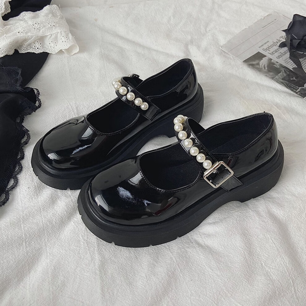 洛丽塔鞋子jk小皮鞋女2021新款法式复古英伦风珍珠仙女一字带厚底
