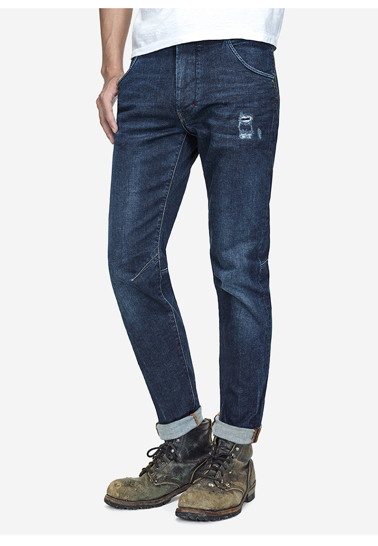 able jeans男士潮流破洞牛仔长裤立体修身锥形裤801022 水洗深靛蓝 28