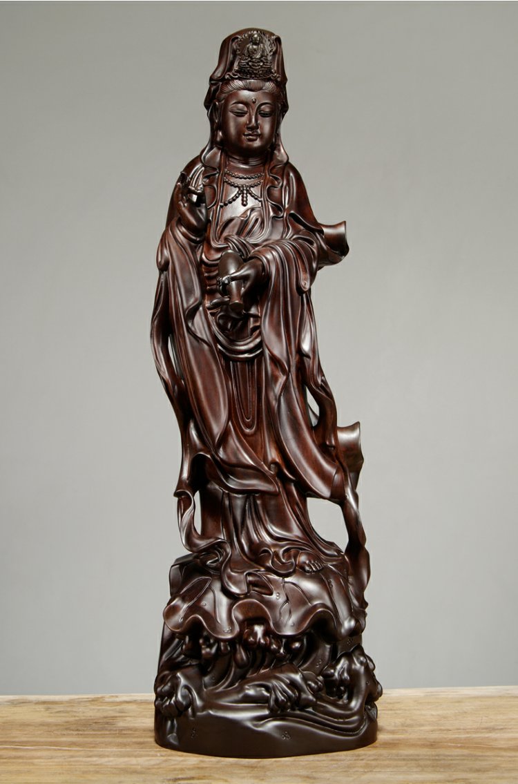 唐砖黑檀木雕观音佛像摆件实木雕刻观世音菩萨红木质家居家用店铺公司