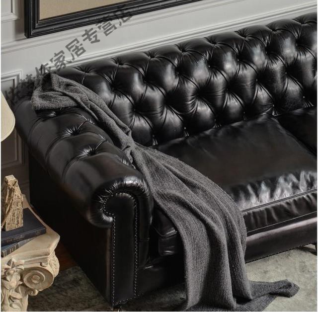 {官方精选} 新古典黑皮欧式皮质沙发复古美式样板房办公客厅组合沙发