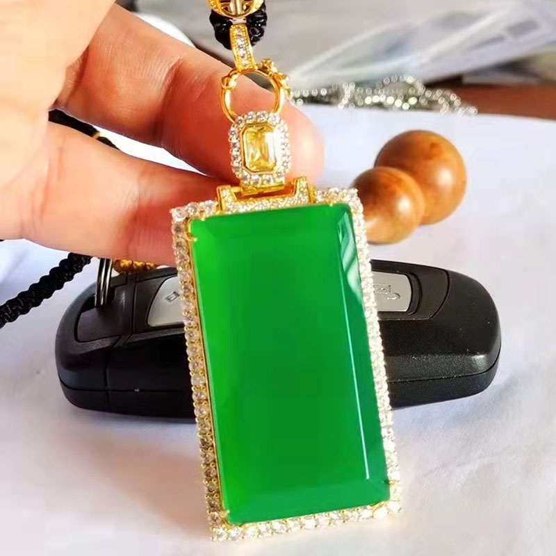 墨韵新款毛衣链银镶金翡翠冰种玉髓通透长方形平安无事牌男女款吊坠1