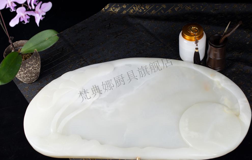 天然玉石茶盘茶台中式简约大号办公室家用客厅湿泡托盘端砚石茶海白玉