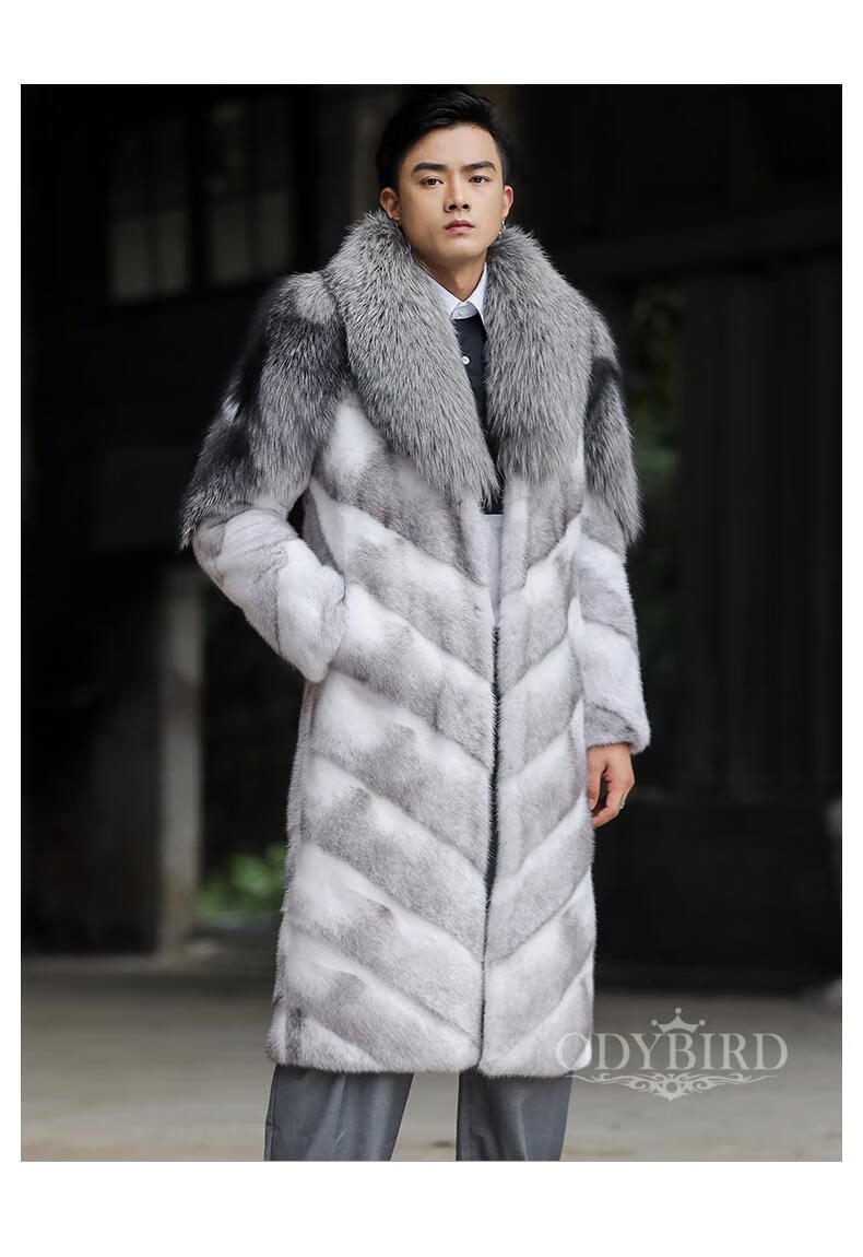 欧迪鸟品牌整貂皮草男天鹅绒十字貂毛外套真皮狐狸皮毛一体大衣长款