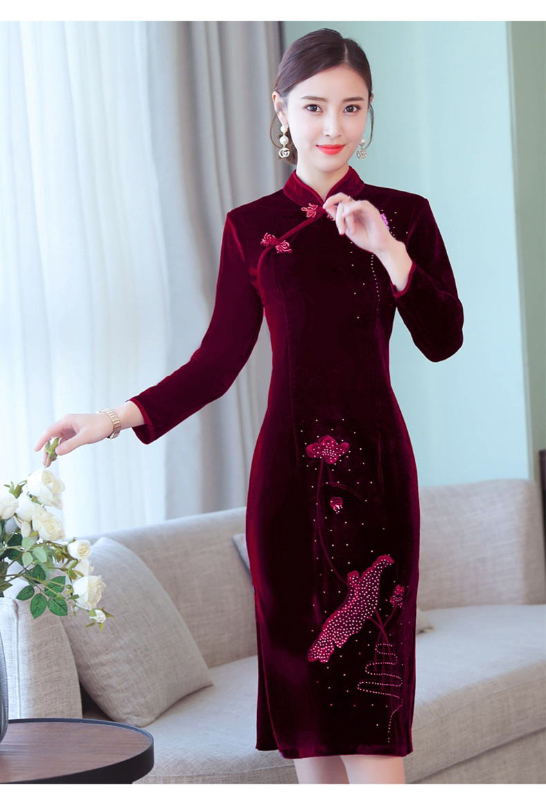 冬天冬季旗袍连衣裙新款加厚加棉加绒改良版2019冬装金丝绒中长款秋冬