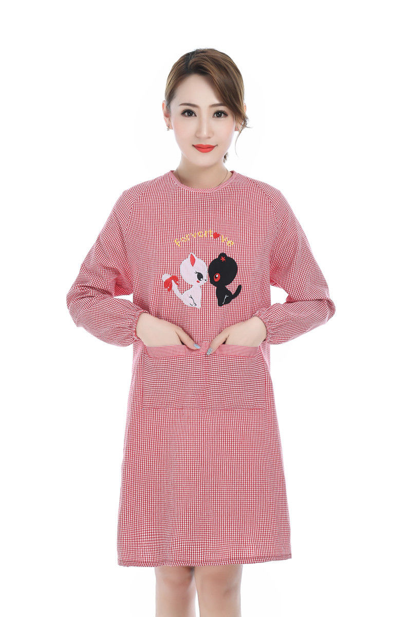 围裙罩衣女长袖可爱时尚家用工作上班厨房做饭防污成人工作服 枣红色