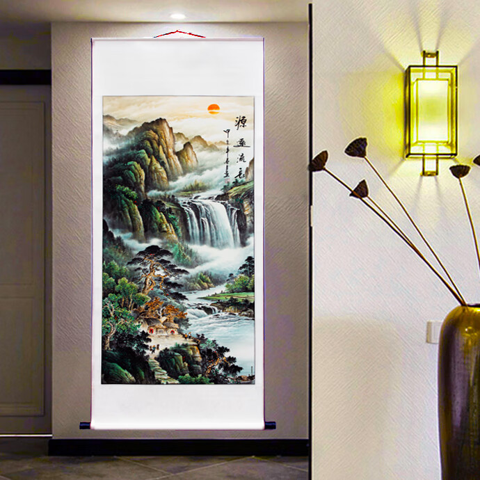 竖幅字画山水画办公室客厅装饰画财源滚滚富水长流卷轴一帆风顺财源