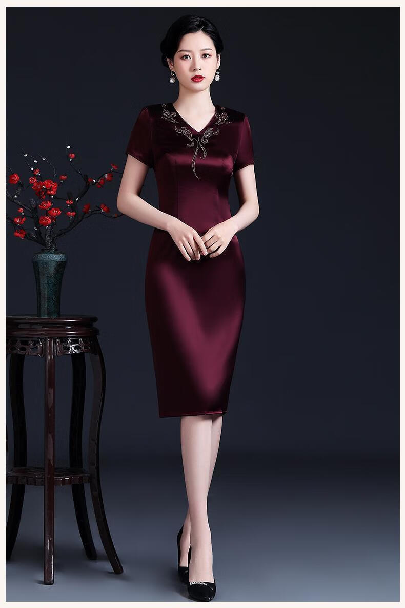 旗袍式连衣裙婚礼妈妈高贵礼服洋气时尚喜婆婆婚宴装夏sn4567紫红色l