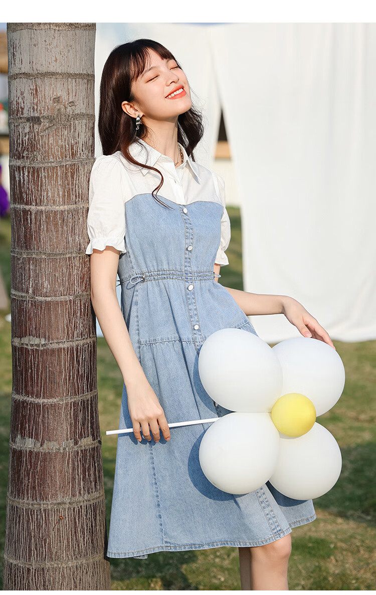 朵以2022夏季新款活力牛仔拼接连衣裙翻领收腰显瘦休闲a字裙子37vx