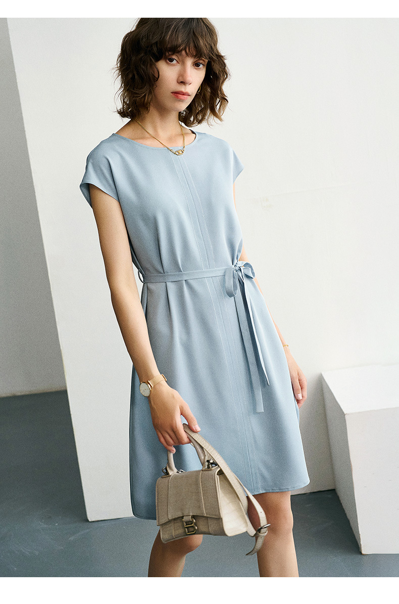 雾霾蓝连身袖设计圆领连衣裙女2022夏新款气质束腰裙子雾霾蓝16084as