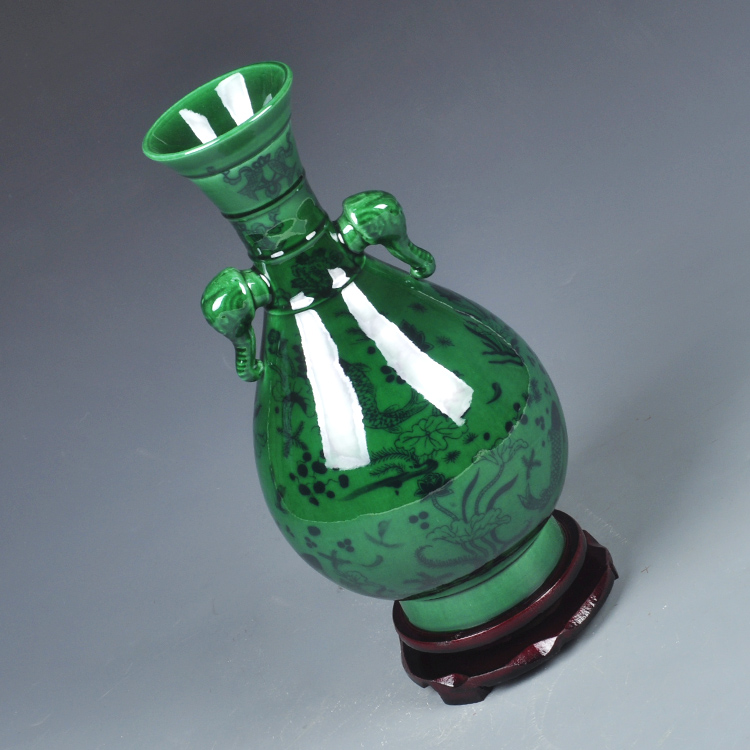 绿釉家居花瓶摆件仿古花瓶青花瓷瓶双耳瓶中式工艺品 小号翡翠绿玉净