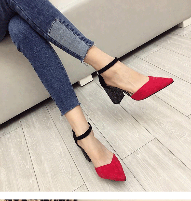 高跟鞋女新款一字扣2020夏季拼色粗跟尖头浅口女单鞋女鞋 黑色6公分