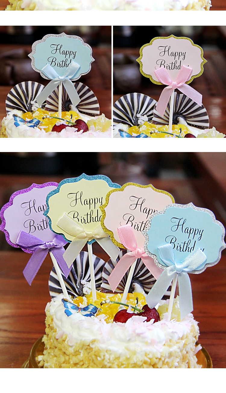 5支装 生日快乐蛋糕插牌可手写祝福语蝴蝶结插件空白写字蛋糕插签
