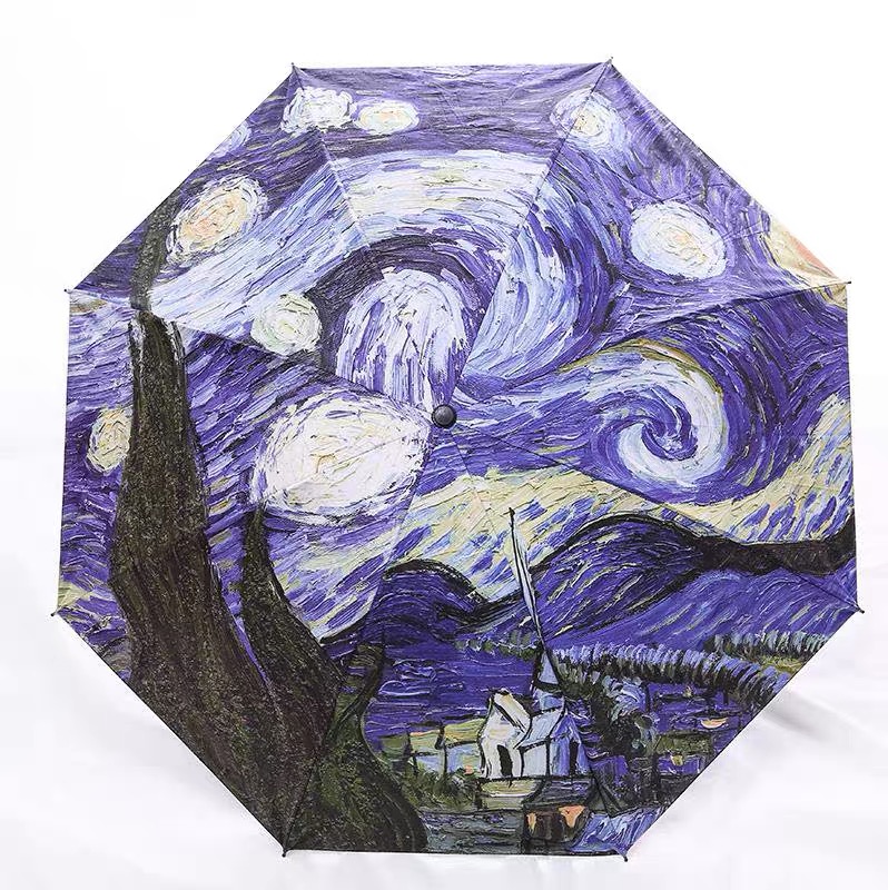 京选优品梵高雨伞全自动梵高油画伞星空防晒伞高颜值黑胶伞女晴雨两用
