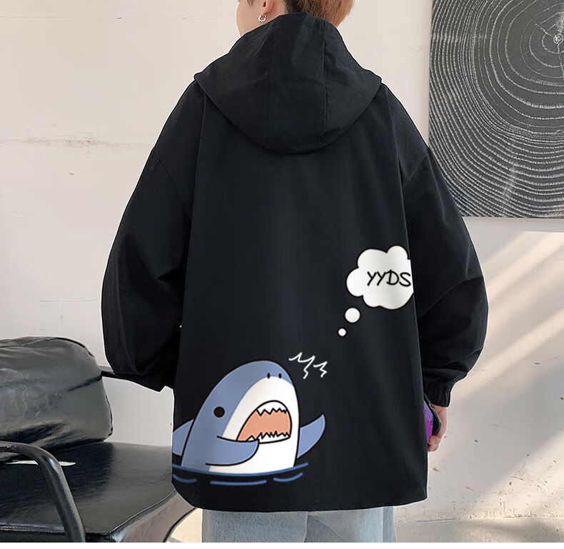 跃肯 小鲨鱼外套男生春秋季港风潮流宽松休闲夹克青少年外穿带帽上
