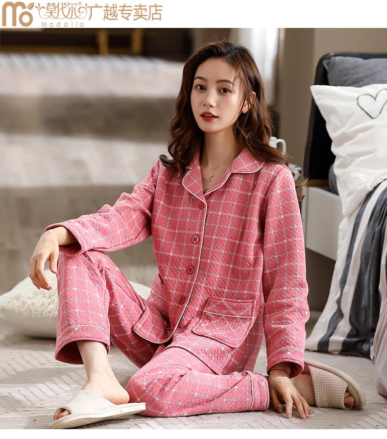 莫代尔高档品牌 秋冬季加厚空气棉夹层睡衣女款纯棉长袖夹棉加大码