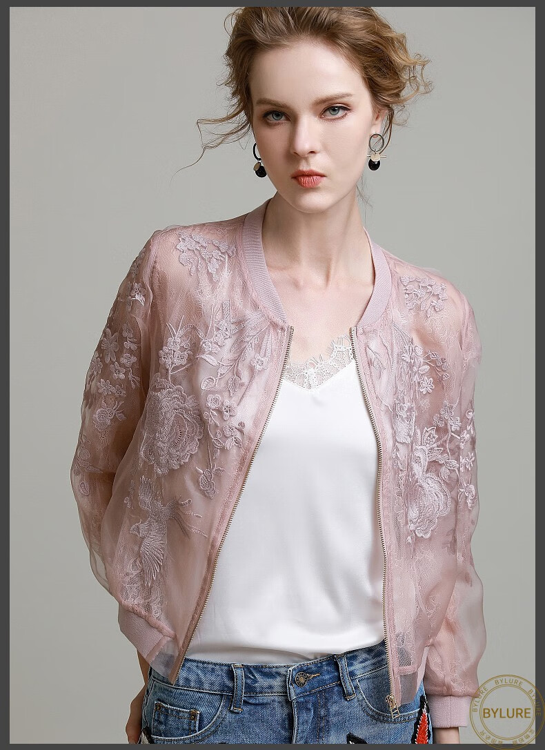 bylure品牌防晒衣女短款真丝欧根纱蕾丝刺绣桑蚕丝棒球服夹克外套