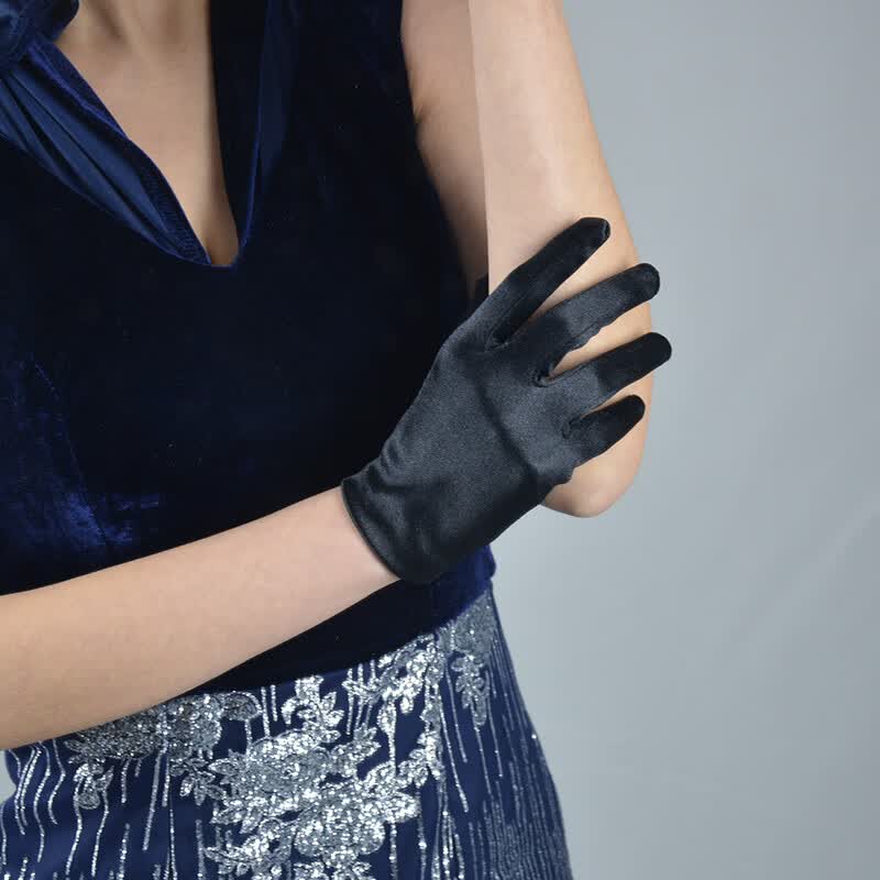 哈昱丝绸白手套礼服短款弹力套真丝光缎面防晒婚纱珠宝店礼仪色丁黑色