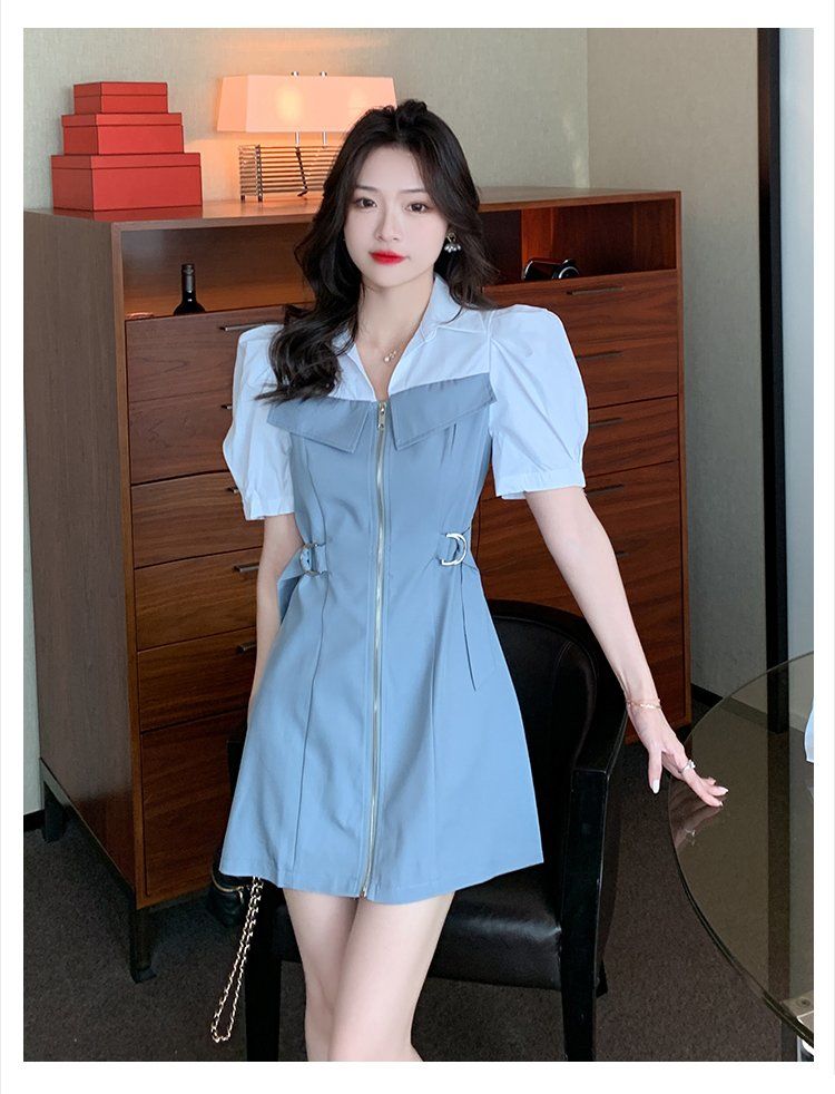 新款拉链设计气质泡泡袖小个子收腰显瘦假两件a字连衣裙黑色s建议8095