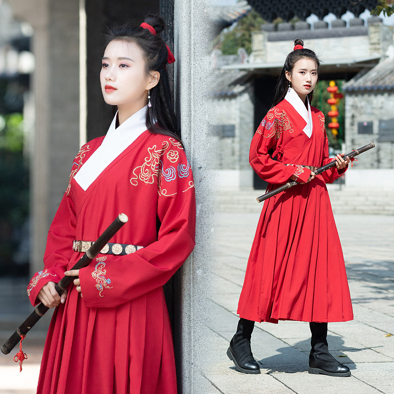 锦衣卫汉服男装飞鱼服交领长袍传统绣花大码情侣武侠风古装表演服 黑