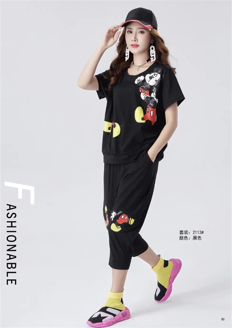 石头鱼2020夏装新款大码女装200斤胖mm显瘦休闲运动短袖两件套装 黑色