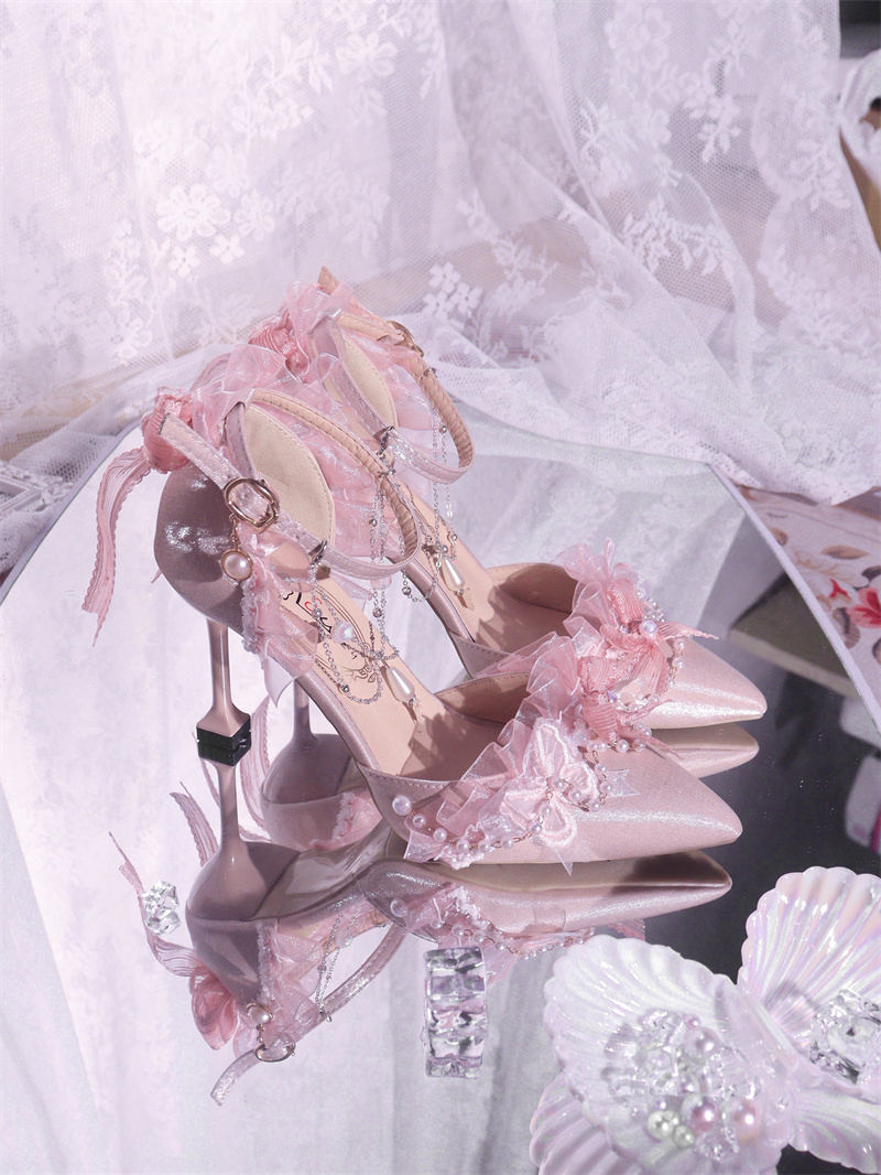 洛丽塔高跟鞋花嫁lo鞋尖头手作优雅高跟鞋百搭lolita茶会藏蓝色7cm带