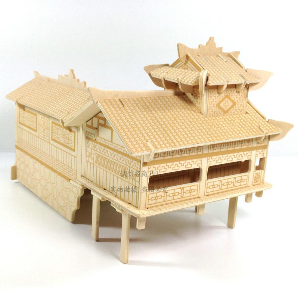 立体拼图木质拼装房子3d木制仿真建筑模型手工木头屋diy玩具茗轩茶楼