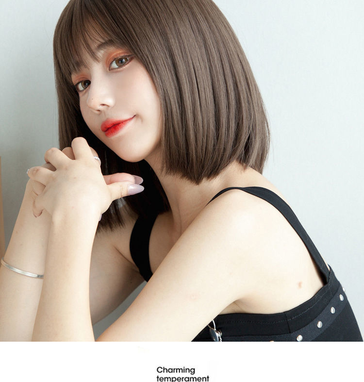 片希挂耳染假发黑直短发齐刘海波波头圆脸头套式挂耳烫锁骨发漫画假发