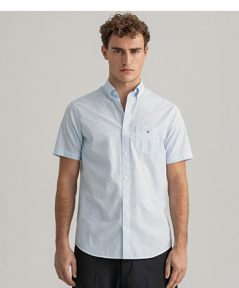 gant甘特夏季男士经典通勤休闲时尚条纹细平布短袖衬衫3063001423波斯