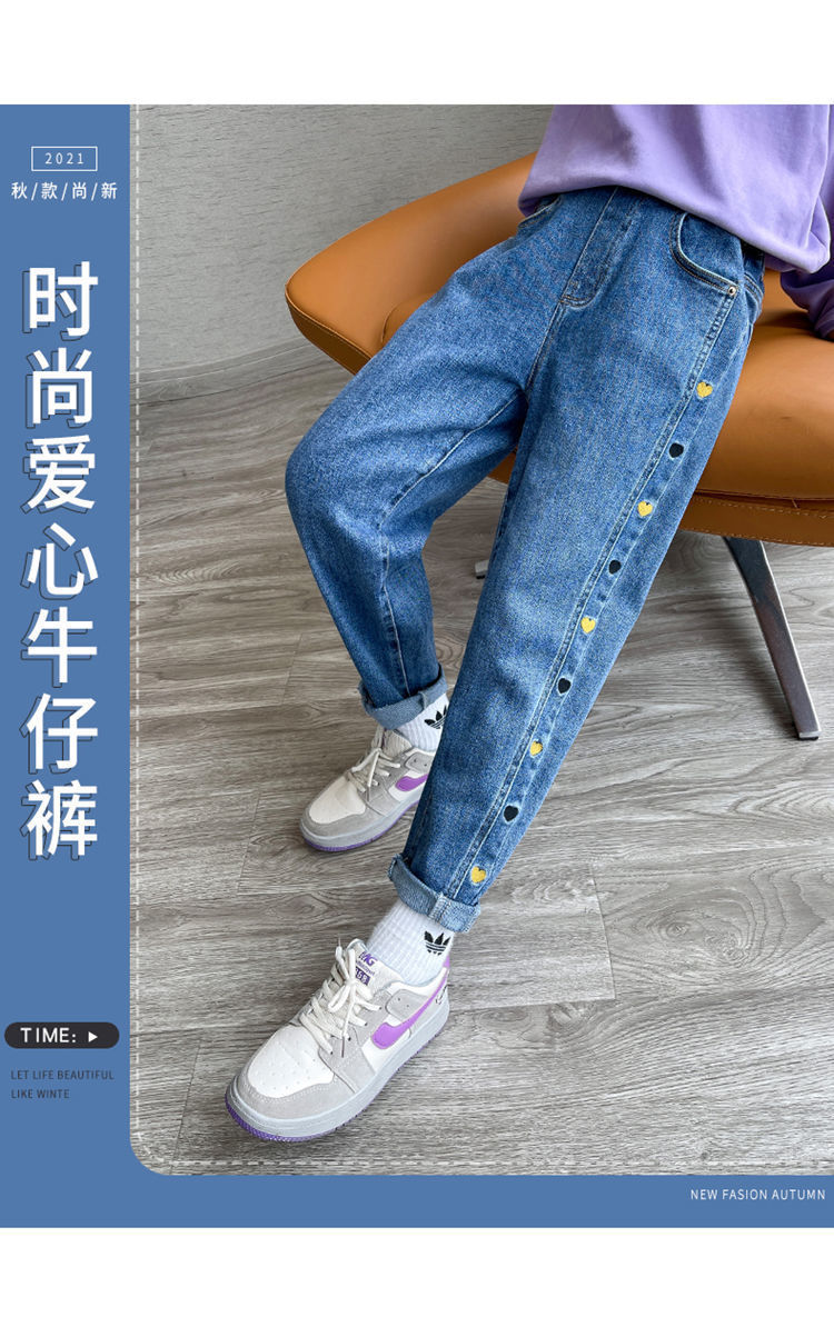 女裤子洋气新款中大童小学生牛仔裤女孩长裤花边款110建议100110com