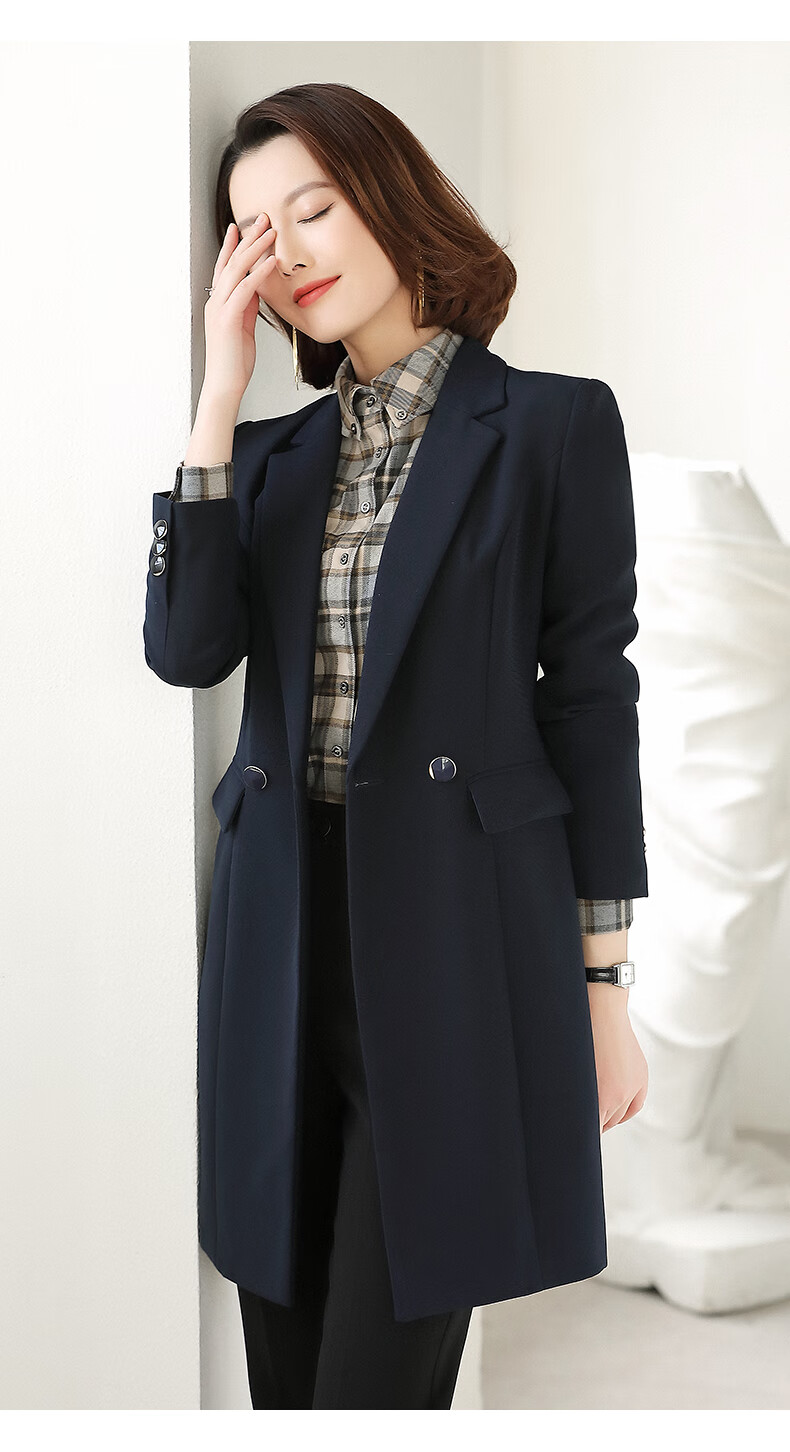 藏蓝色西装外套女中长款设计感小众休闲气质职业装春新款修身西服 藏