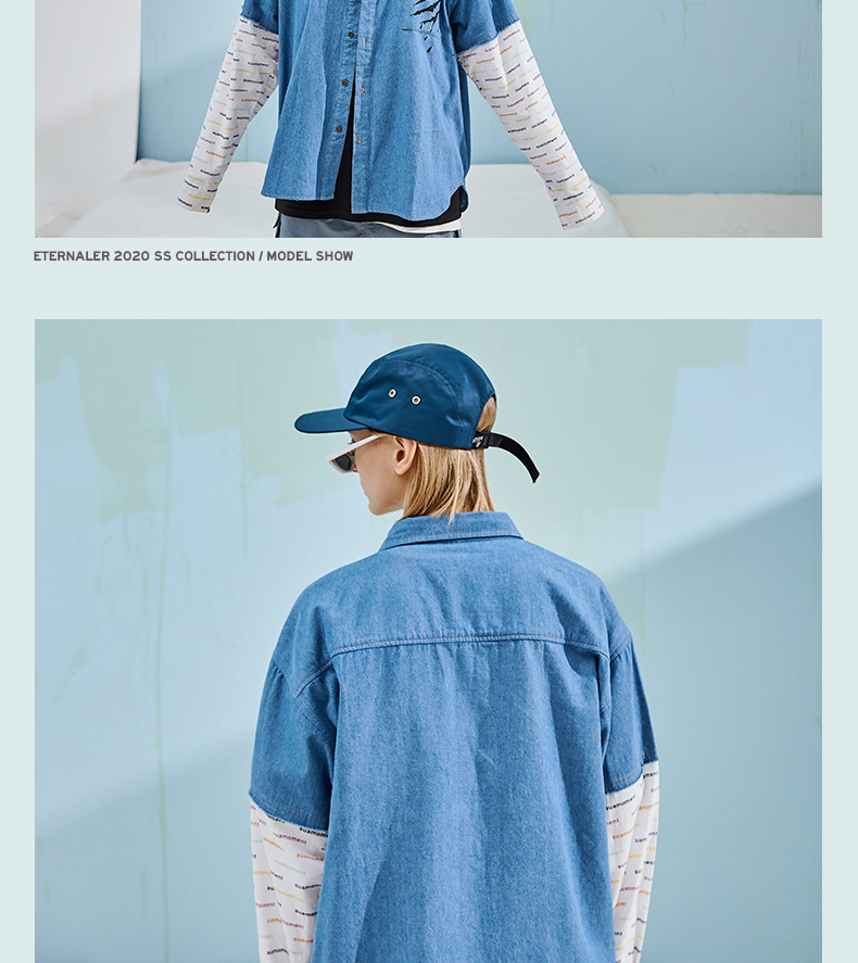 suamoment长袖衬衫男休闲衬衫秋冬新款情侣宽松血爪抓痕假两件牛仔