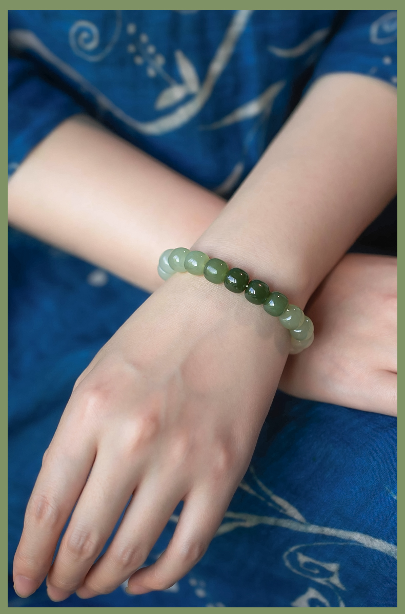 乐贝姿 浅露和田玉手串女老型珠碧玉渐变色玉珠子玉石手链送妈妈礼物