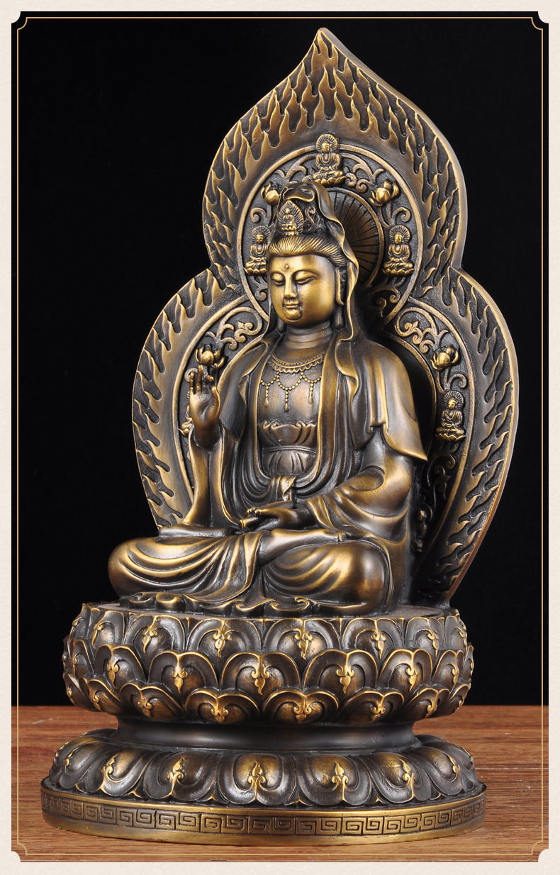 黄铜坐莲观音摆件南海观世音菩萨铜佛像家用客厅寺庙佛堂供奉用品工艺