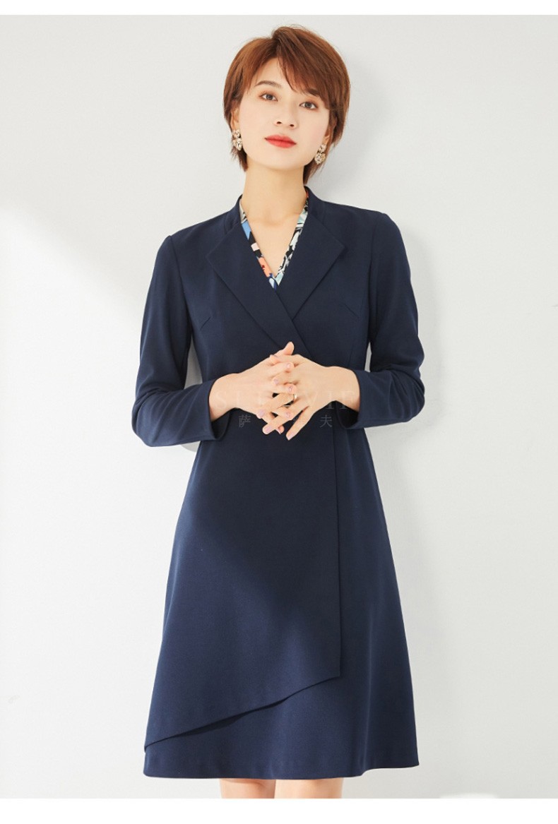 萨拉维夫品牌2020春季女装连衣裙通勤职业长袖西装领a字裙子 藏青色 s