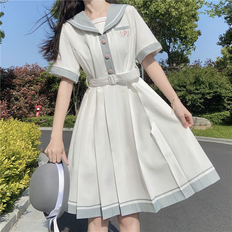 缪斯之娇学院风少女jk新款连衣裙甜美日系水手服收腰绣花百褶a字裙
