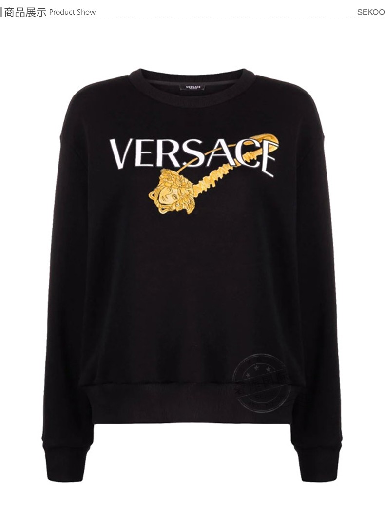 范思哲versace卫衣女士字母别针刺绣图案圆领长袖t恤黑色38