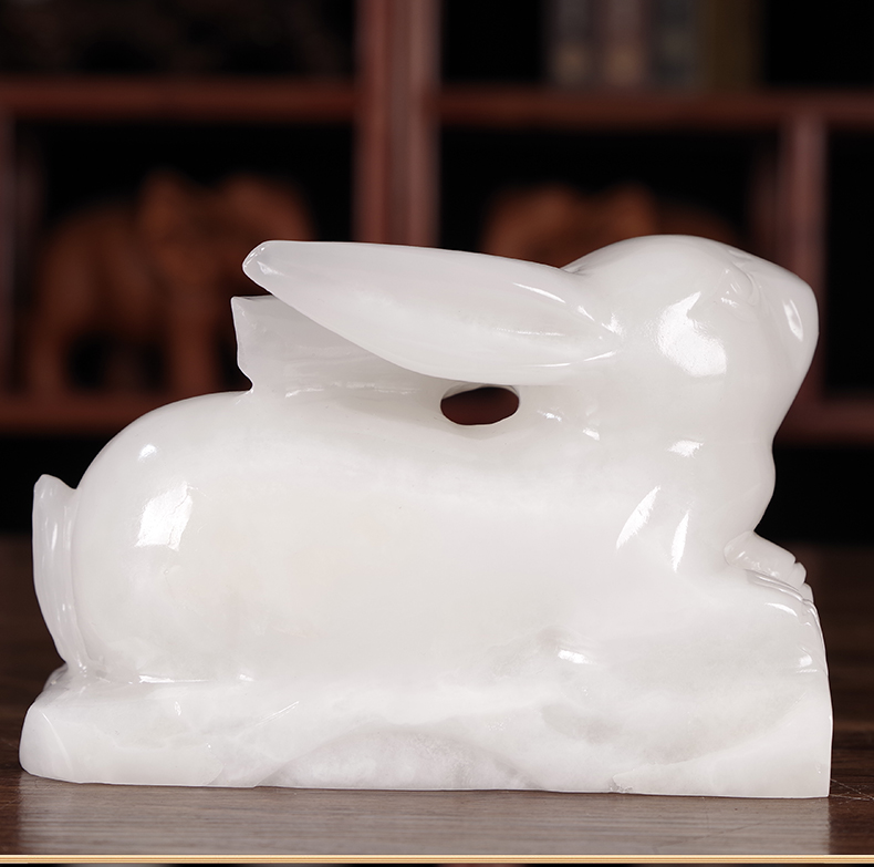 芳居道 轻奢高端天然玉石玉兔摆件一对十二生肖中式家居客厅书房办公