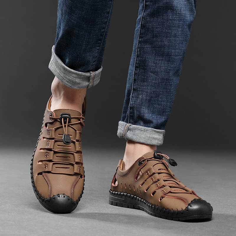 抖音同款普锐斯牛皮鞋子男士飞行员休闲鞋镂空皮凉鞋h11橦华卡其标准