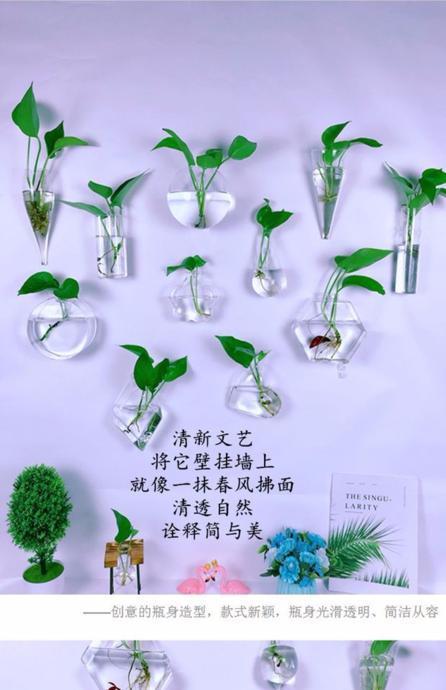 创意墙上挂壁挂墙花盆绿萝壁挂水培玻璃花瓶绿植客厅简约墙面装饰小