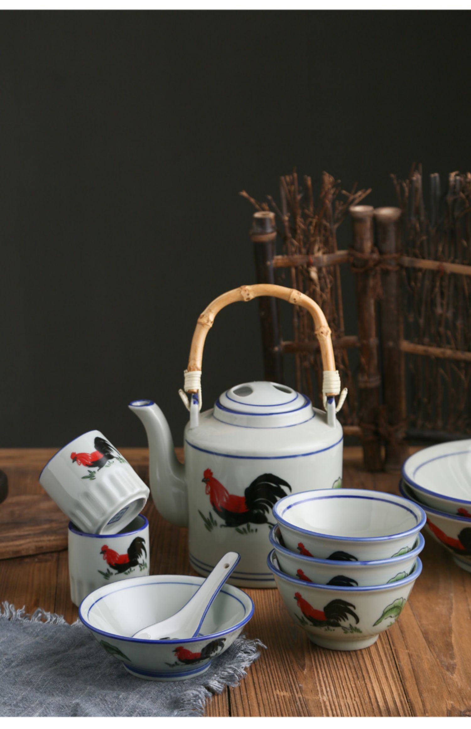 家用怀旧复古斗笠碗拉面碗汤碗商用泡面碗大号面碗青花瓷公鸡饭碗 tb