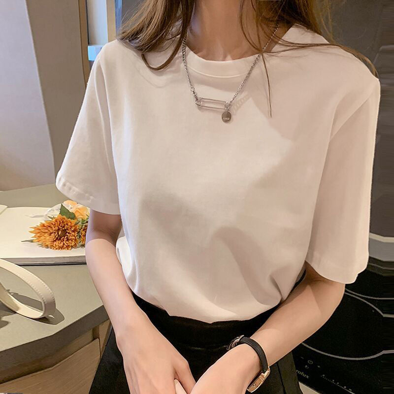春夏女士棉质短袖剪纸五分袖短袖恤女体恤女夏韩版圆领学生宽松衣服