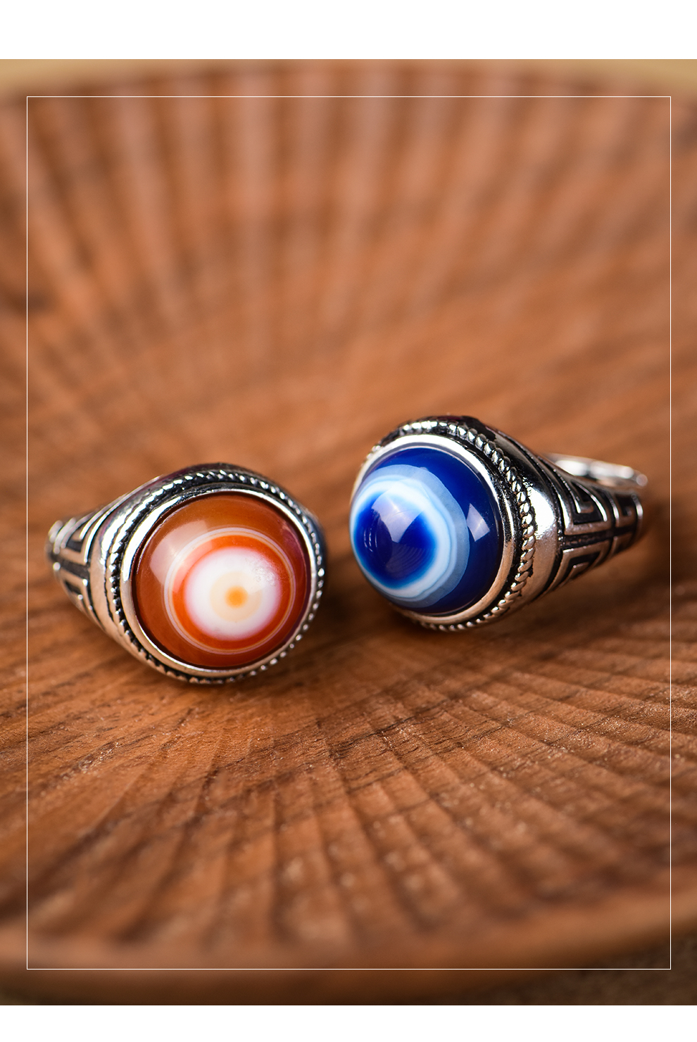藏式天珠玛瑙戒指男士羊眼板珠复古个性简约活口天眼玛瑙指环女_碧笛