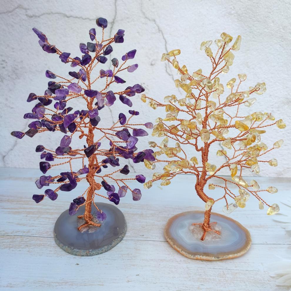 丹普纯手工天然粉紫色黄水晶树招桃花灵气转运礼品diy能量桌面小摆件