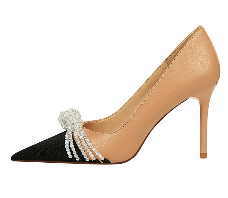 bigtree韩版时尚宴会高跟鞋法式浅口细跟女鞋拼色尖头珍珠蝴蝶结女10